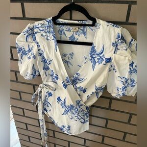 Flying Tomato Blue and White Floral Wrap Top